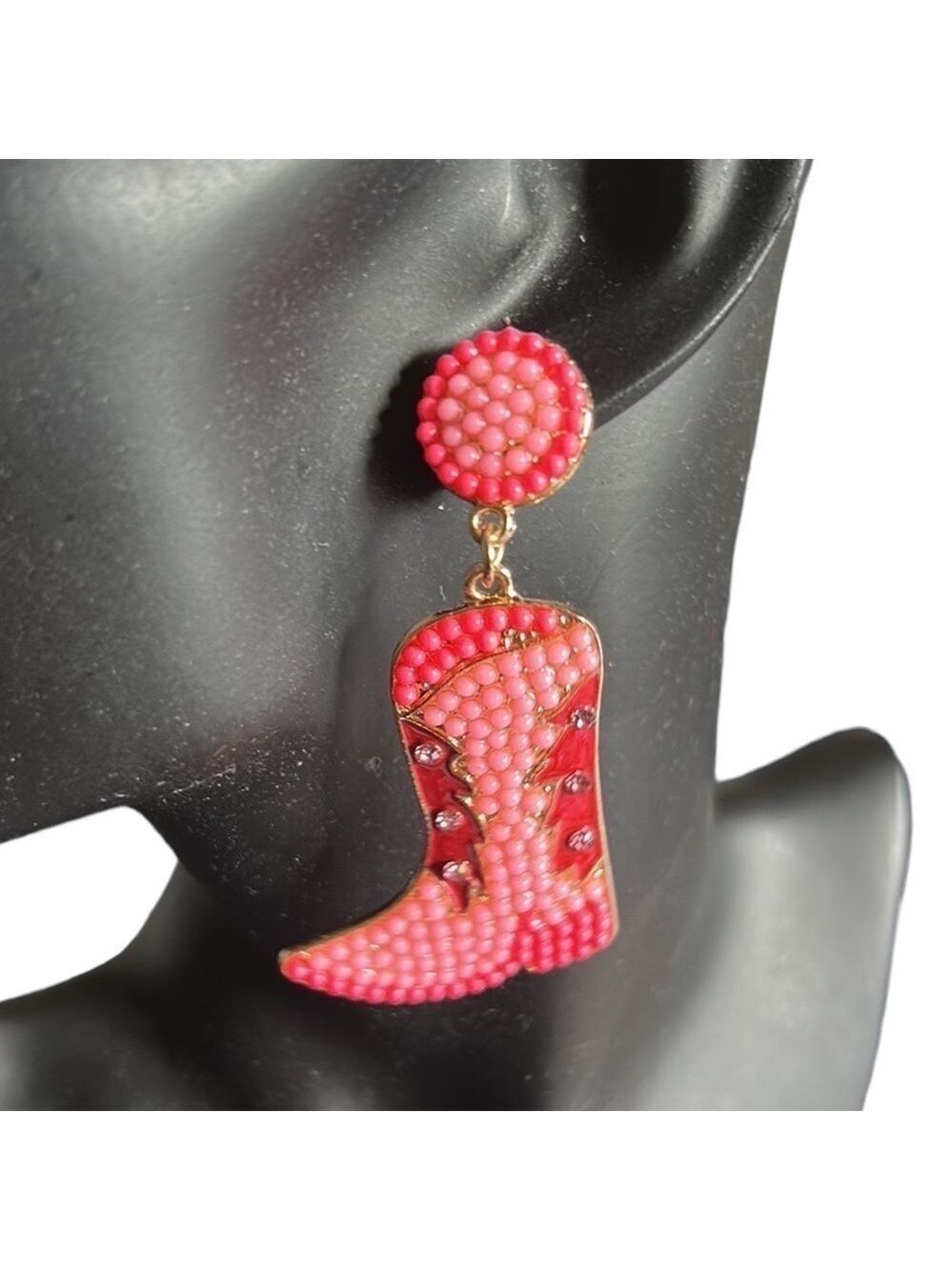 BARBIE Pink Cowboy Boots Dangle Pierced Earrings with Rice Beads & Rhinestones